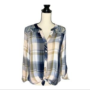 Fig and Flower Button Up Plaid Tunic/Blouse Top